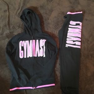 Justice Gymnast zip-up hoodie and matching pants.